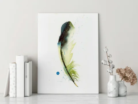 Image of a feather watercolor painting by Shayna Larsen, originals & prints available