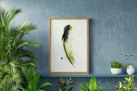 Image of a feather watercolor painting by Shayna Larsen, originals & prints available