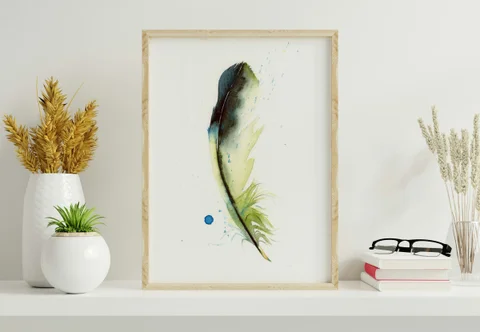 Image of a feather watercolor painting by Shayna Larsen, originals & prints available