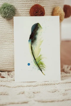 Image of a feather watercolor painting by Shayna Larsen, originals & prints available