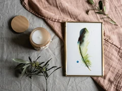 Image of a feather watercolor painting by Shayna Larsen, originals & prints available