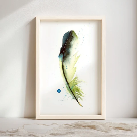Image of a feather watercolor painting by Shayna Larsen, originals & prints available