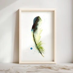 Image of a feather watercolor painting by Shayna Larsen, originals & prints available