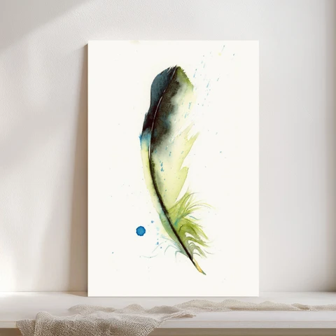 Image of a feather watercolor painting by Shayna Larsen, originals & prints available