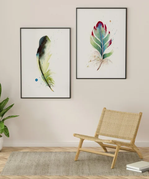 Image of a feather watercolor painting by Shayna Larsen, originals & prints available