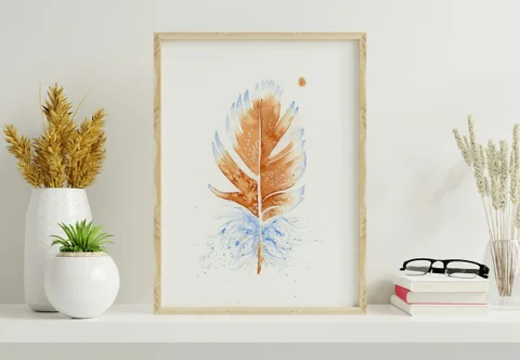 Image of a feather watercolor painting by Shayna Larsen, originals & prints available