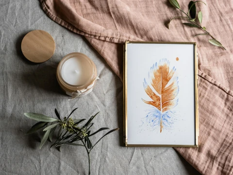 Image of a feather watercolor painting by Shayna Larsen, originals & prints available
