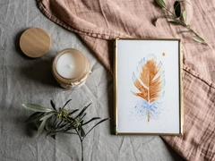 Image of a feather watercolor painting by Shayna Larsen, originals & prints available