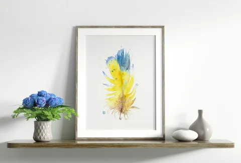 Image of a feather watercolor painting by Shayna Larsen, originals & prints available