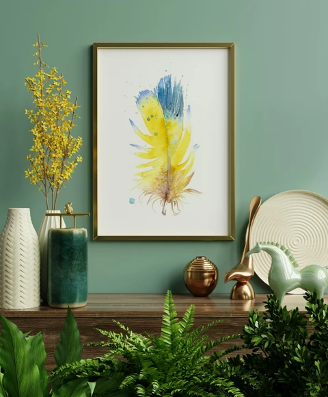 Image of a feather watercolor painting by Shayna Larsen, originals & prints available