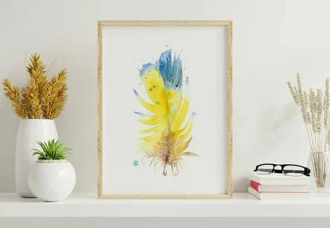 Image of a feather watercolor painting by Shayna Larsen, originals & prints available