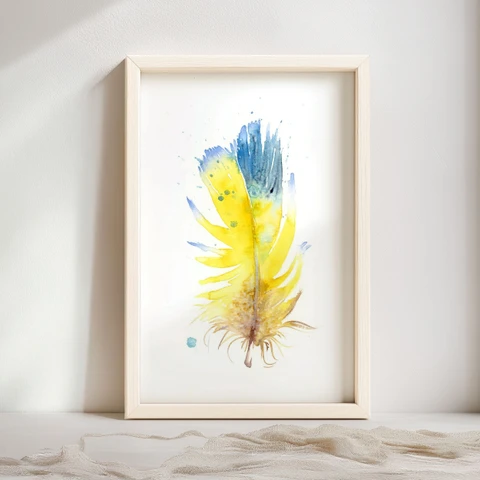 Image of a feather watercolor painting by Shayna Larsen, originals & prints available