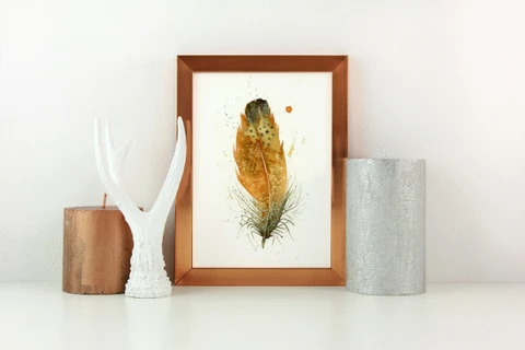 Image of a feather watercolor painting by Shayna Larsen, originals & prints available