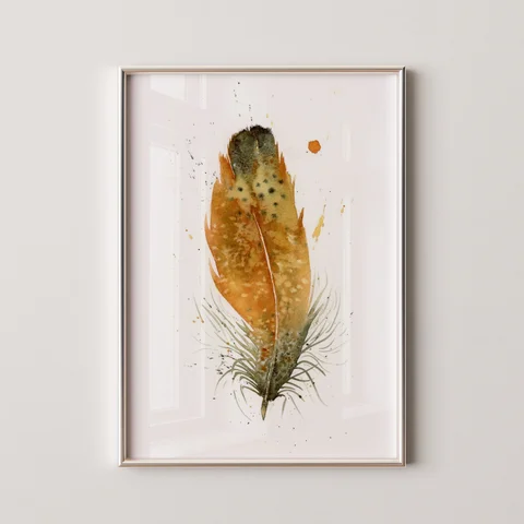 Image of a feather watercolor painting by Shayna Larsen, originals & prints available