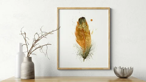 Image of a feather watercolor painting by Shayna Larsen, originals & prints available