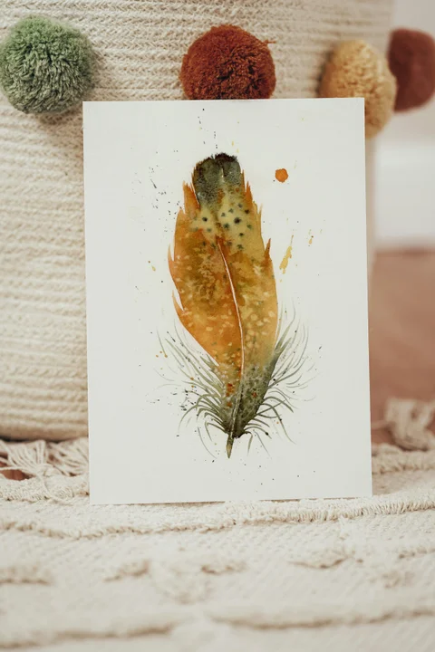 Image of a feather watercolor painting by Shayna Larsen, originals & prints available