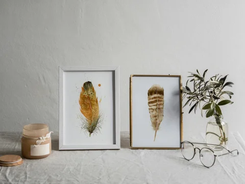 Image of a feather watercolor painting by Shayna Larsen, originals & prints available