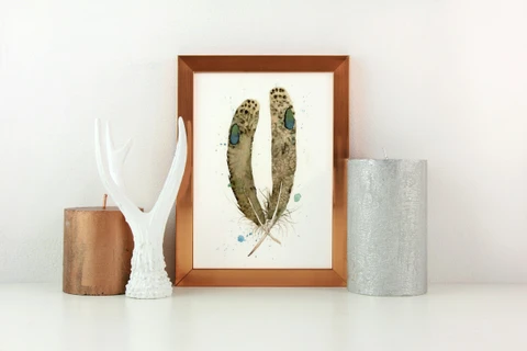 Image of a feather watercolor painting by Shayna Larsen, originals & prints available
