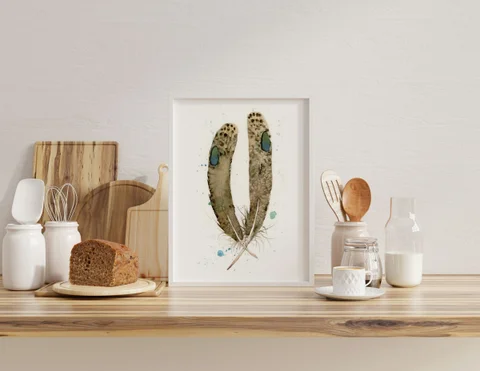 Image of a feather watercolor painting by Shayna Larsen, originals & prints available