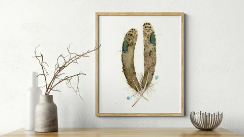 Image of a feather watercolor painting by Shayna Larsen, originals & prints available