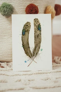 Image of a feather watercolor painting by Shayna Larsen, originals & prints available
