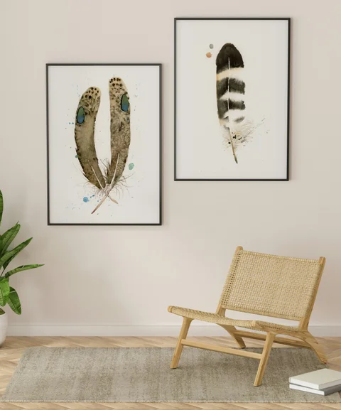 Image of a feather watercolor painting by Shayna Larsen, originals & prints available