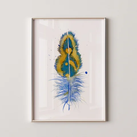 Image of a feather watercolor painting by Shayna Larsen, originals & prints available