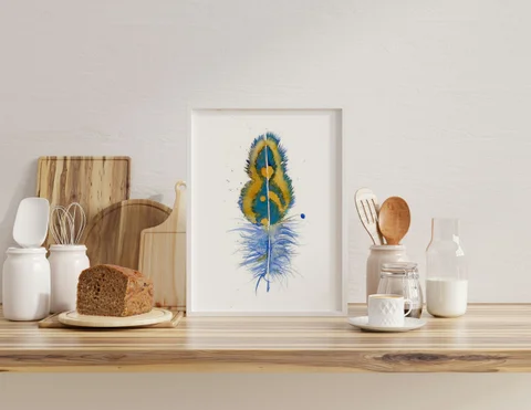 Image of a feather watercolor painting by Shayna Larsen, originals & prints available