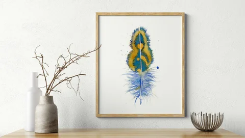 Image of a feather watercolor painting by Shayna Larsen, originals & prints available