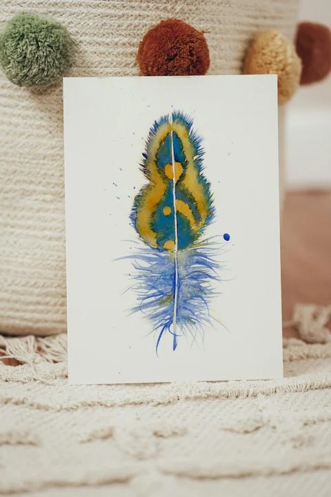 Image of a feather watercolor painting by Shayna Larsen, originals & prints available
