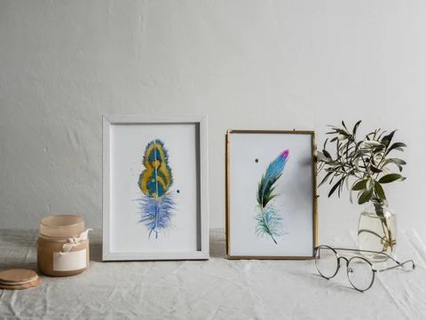 Image of a feather watercolor painting by Shayna Larsen, originals & prints available