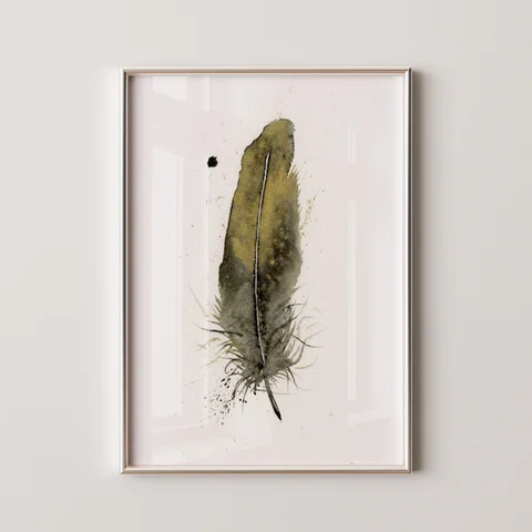 Image of a feather watercolor painting by Shayna Larsen, originals & prints available