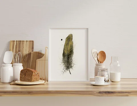 Image of a feather watercolor painting by Shayna Larsen, originals & prints available