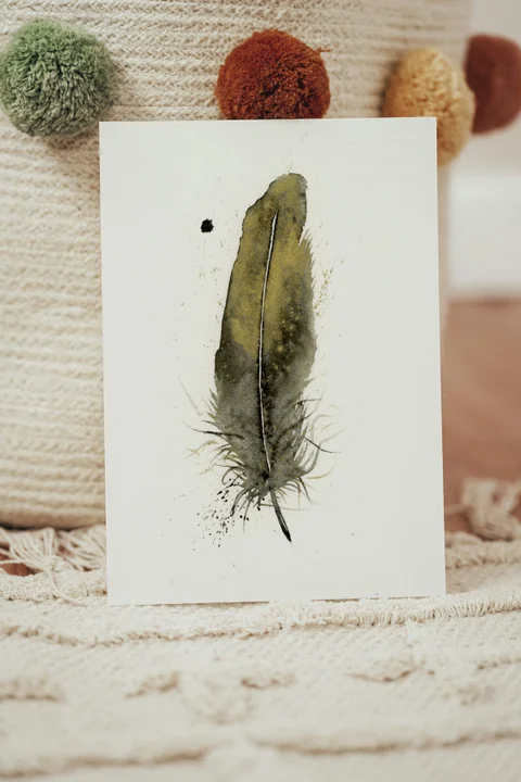 Image of a feather watercolor painting by Shayna Larsen, originals & prints available
