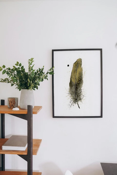 Image of a feather watercolor painting by Shayna Larsen, originals & prints available