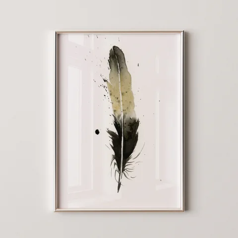 Image of a feather watercolor painting by Shayna Larsen, originals & prints available