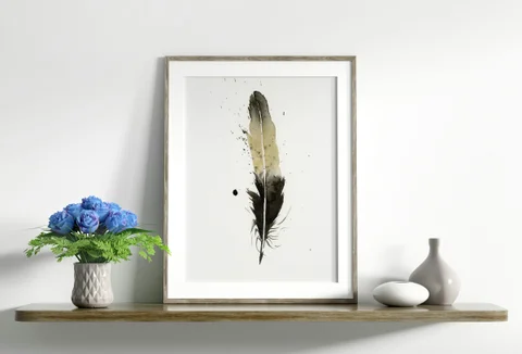 Image of a feather watercolor painting by Shayna Larsen, originals & prints available