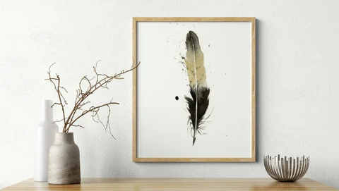 Image of a feather watercolor painting by Shayna Larsen, originals & prints available
