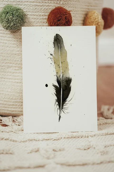 Image of a feather watercolor painting by Shayna Larsen, originals & prints available