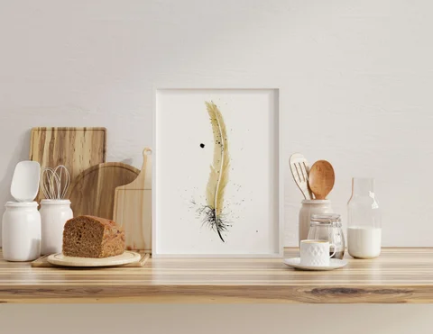 Image of a feather watercolor painting by Shayna Larsen, originals & prints available