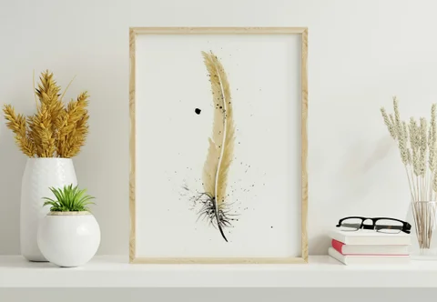 Image of a feather watercolor painting by Shayna Larsen, originals & prints available