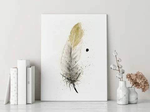 Image of a feather watercolor painting by Shayna Larsen, originals & prints available