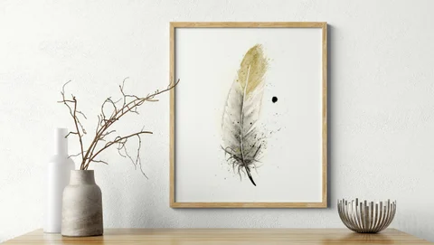 Image of a feather watercolor painting by Shayna Larsen, originals & prints available