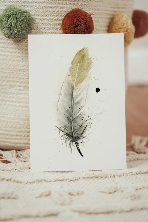 Image of a feather watercolor painting by Shayna Larsen, originals & prints available