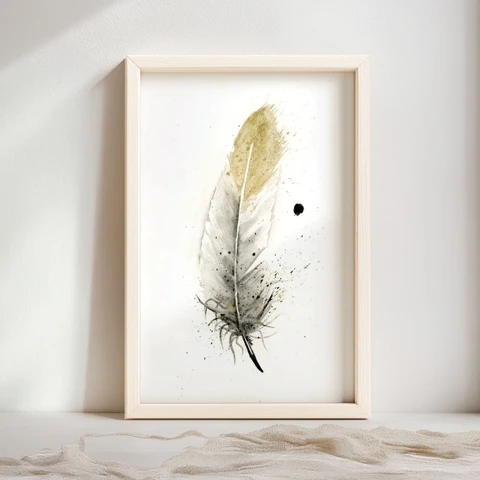 Image of a feather watercolor painting by Shayna Larsen, originals & prints available