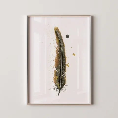 Image of a feather watercolor painting by Shayna Larsen, originals & prints available