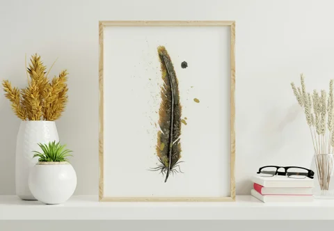 Image of a feather watercolor painting by Shayna Larsen, originals & prints available