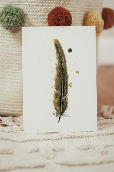 Image of a feather watercolor painting by Shayna Larsen, originals & prints available