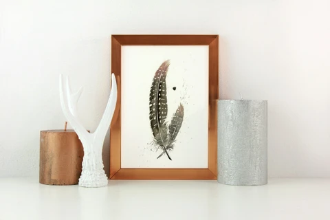 Image of a feather watercolor painting by Shayna Larsen, originals & prints available