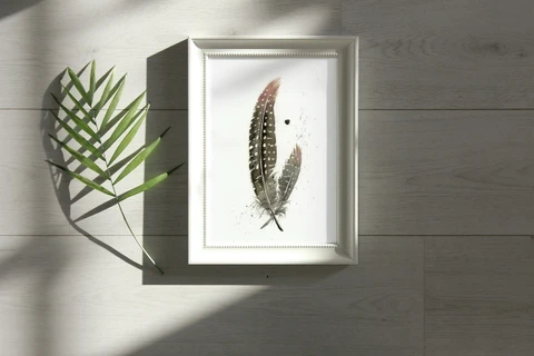 Image of a feather watercolor painting by Shayna Larsen, originals & prints available